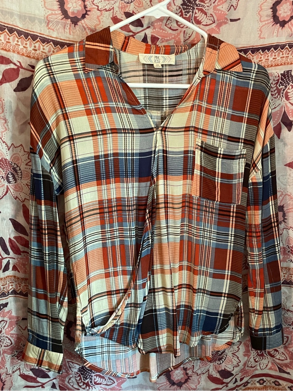 Pink Rose Plaid Shirt in Rust, Navy & Cream